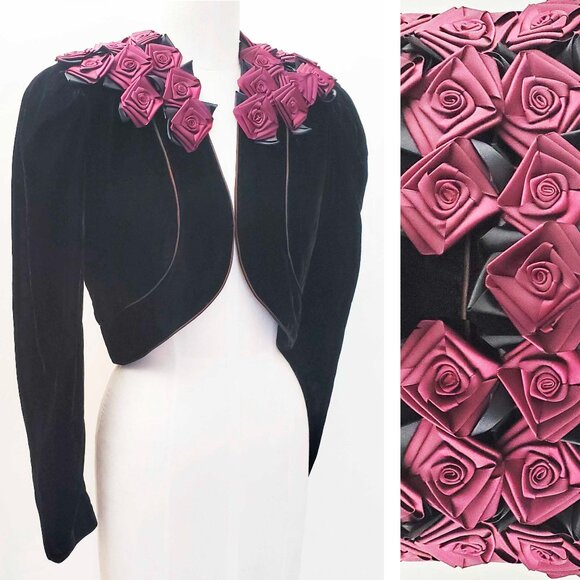 Scott McClintock Womens Vintage Black Velvet Cropped Bolero Jacket Red Roses 12
